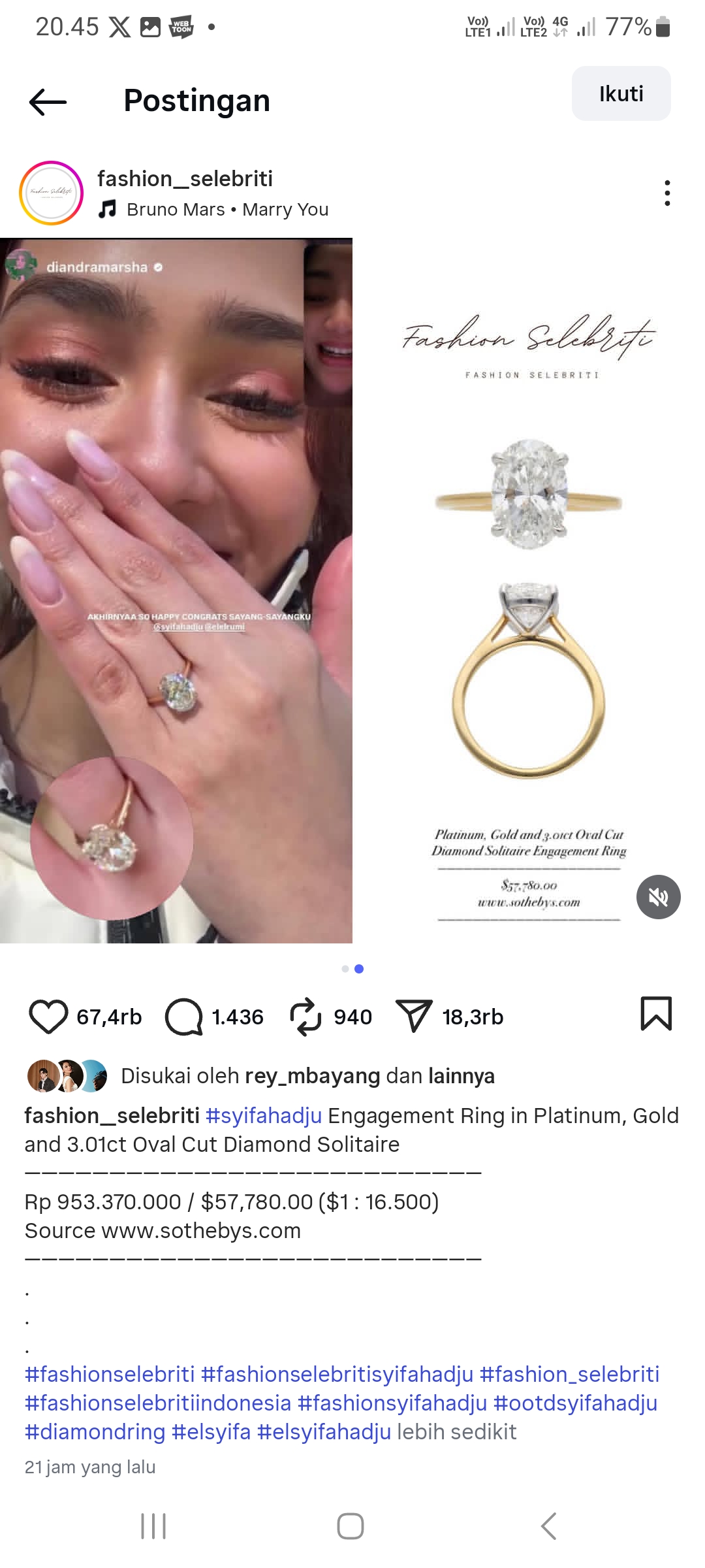Harga cincin lamaran El Rumi dan Syifa Hadju hampir Rp1 M (Instagram @fashion_selebriti).